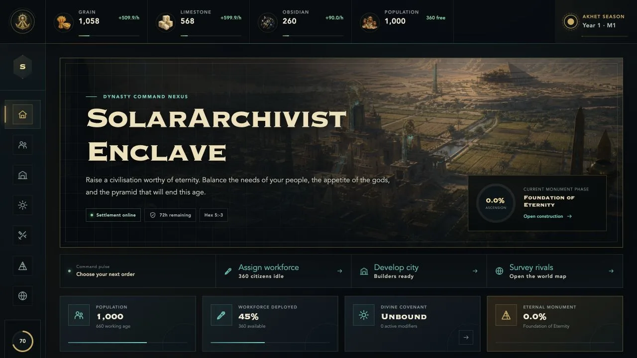 Phratek command overview showing a village, resources, and pyramid objective